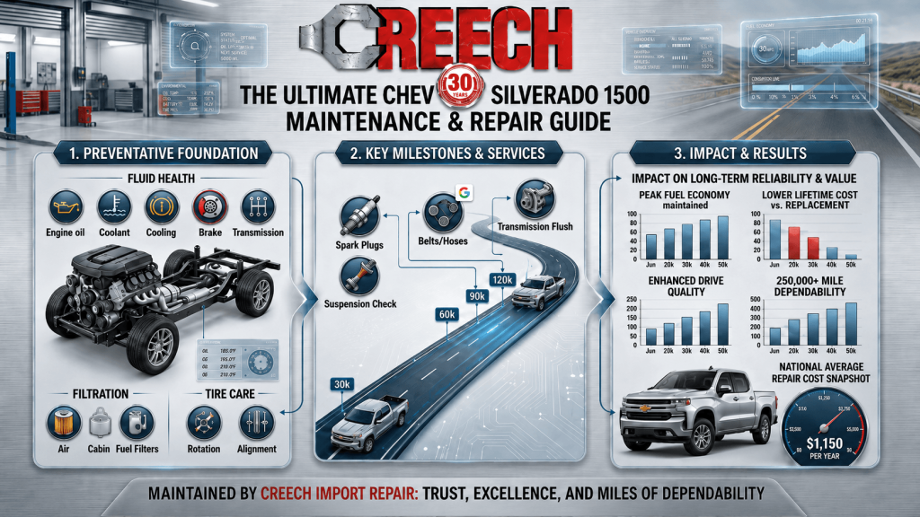 A horizontal automotive infographic guide by Creech Import Repair showing how to maintain a Chevy Silverado 1500 to 250,000 miles. The graphic is split into three panels detailing preventative fluid and tire foundations, a mileage service timeline up to 250k, and charts showcasing long-term reliability and cost savings.