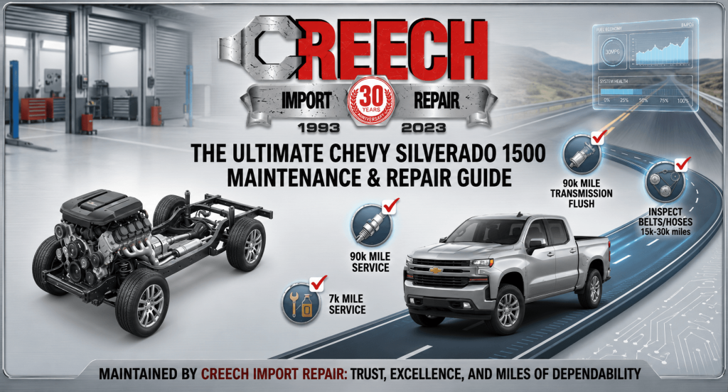 An infographic labeled 'The Ultimate Chevy Silverado 1500 Maintenance & Repair Guide' by Creech Import Repair. The graphic features a large 'Creech' wrench logo for their 30th Anniversary (1993-2023) at the top. Below, a silver Chevrolet Silverado 1500 truck drives on a winding road, and to the left is an exploded view of a vehicle chassis and V8 engine. Circular icons with checkmarks detail maintenance tasks: 7k Mile Service, 90k Mile Service, 90k Mile Transmission Flush, and Inspect Belts/Hoses 15k-30k miles. A speedometer graphic in the corner shows '250,000 MILES ACHIEVED'. The footer text reads: 'Maintained by Creech Import Repair: Trust, Excellence, and Miles of Dependability.