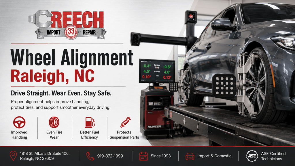 Wheel alignment Raleigh NC service at Creech Import Repair