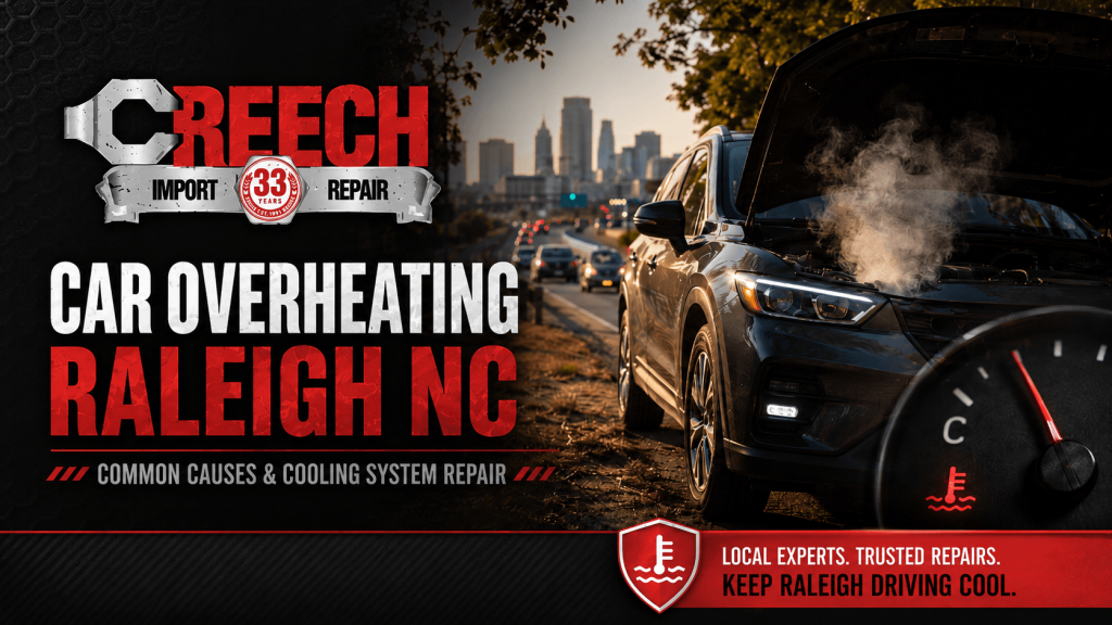 Car overheating Raleigh NC banner showing an overheated vehicle and cooling system repair from Creech Import Repair