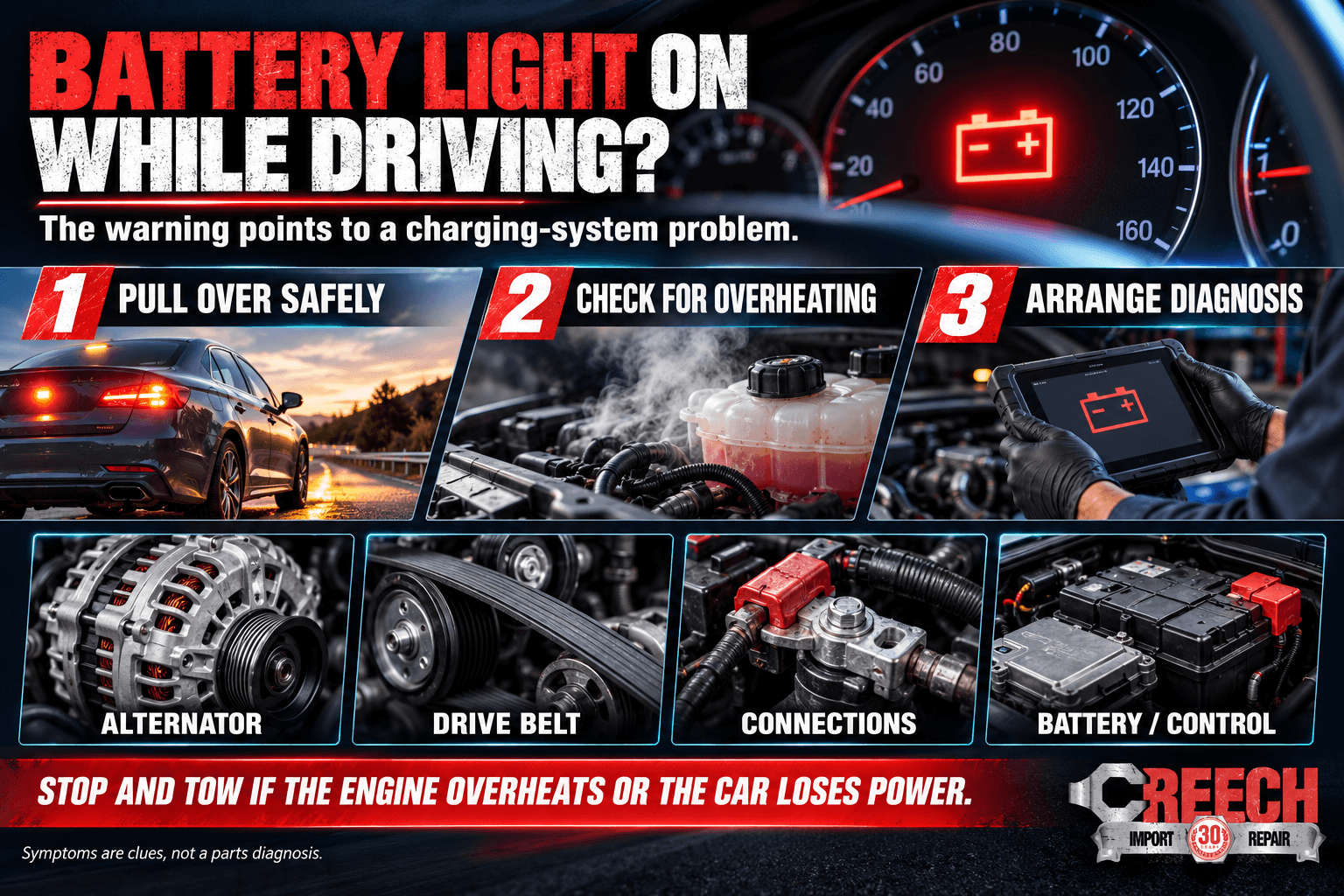 Infographic showing safe steps when a battery light comes on while driving and possible charging-system causes
