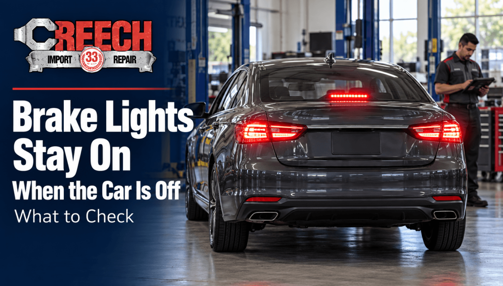 Rear view of a parked sedan with both brake lights and the center stop lamp illuminated in a daytime auto repair shop.