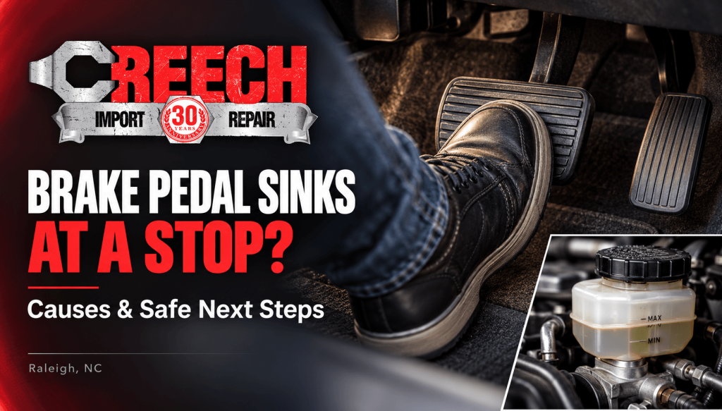 Driver pressing a car’s brake pedal, with a brake fluid reservoir inset and Creech Import Repair logo.