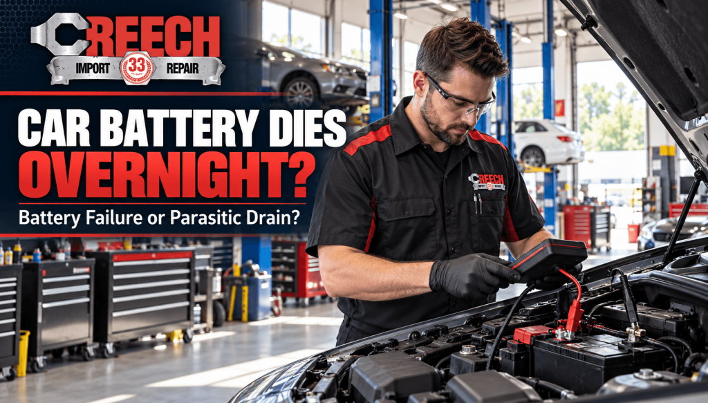 Creech Import Repair technician testing a car battery inside a daylight auto repair shop