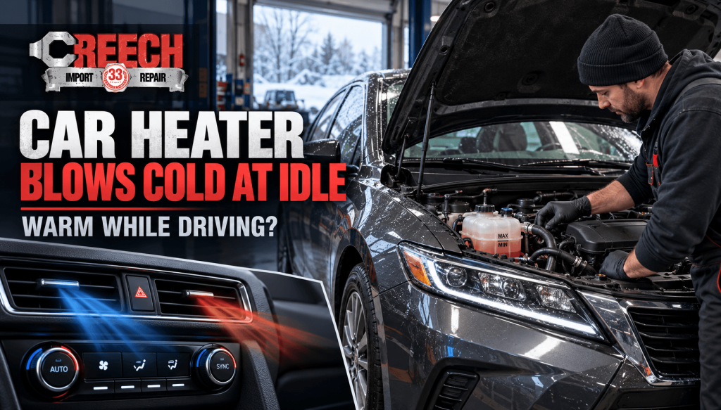 Creech Import Repair technician inspecting a car with a heater that blows cold at idle but warms while driving