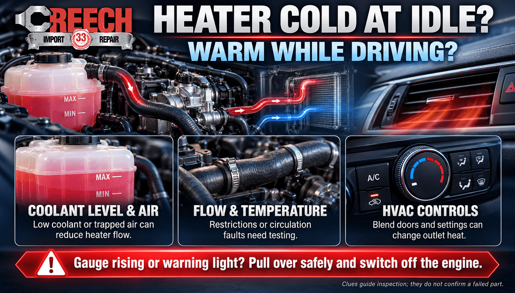 Creech Import Repair infographic: car heater blows cold at idle but warms while driving; coolant level, circulation and HVAC control clues