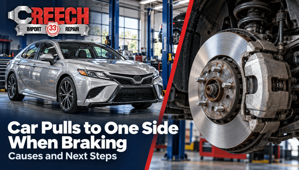Silver sedan in a daytime auto repair shop beside a close-up of a brake rotor and caliper, with Creech Import Repair branding.