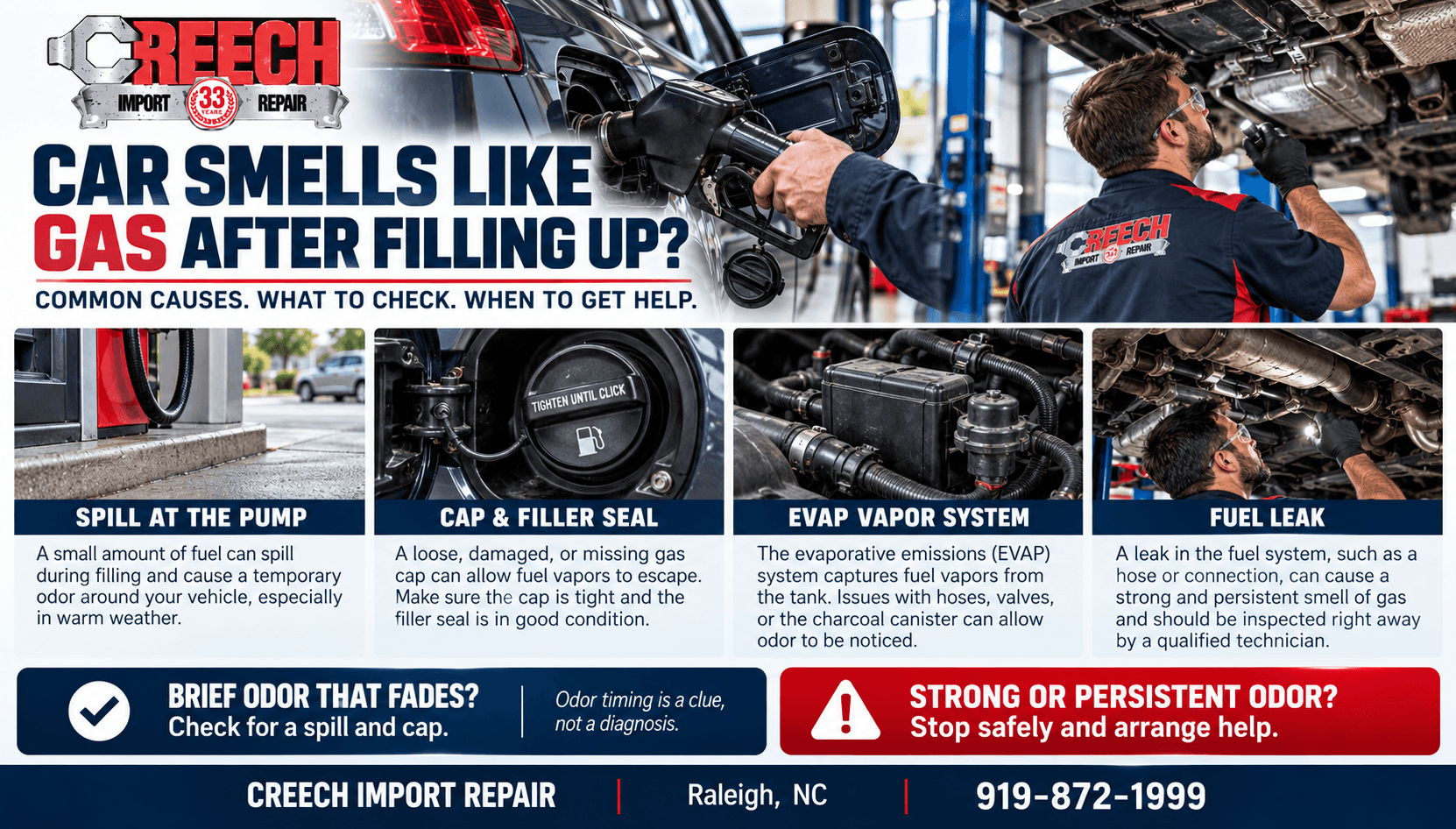 Creech Import Repair infographic showing possible reasons a car smells like gas after filling up, including a spill, fuel cap, EVAP system, and fuel leak