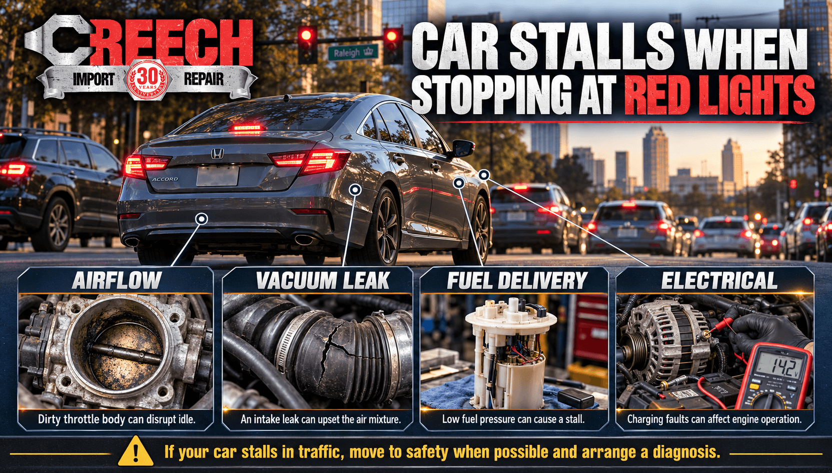 Car stalls when stopping at red lights infographic showing possible causes and warning signs