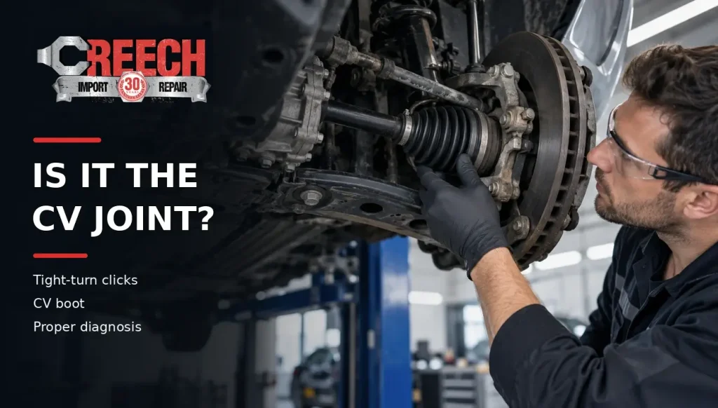Technician inspecting a front CV boot and axle, banner for Creech Import Repair’s clicking noise when turning guide
