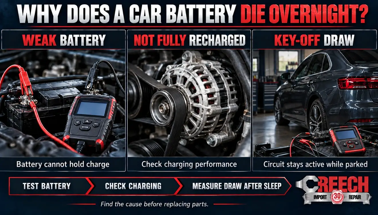 Infographic comparing a weak battery, incomplete charging, and key-off electrical draw when a car battery dies overnight