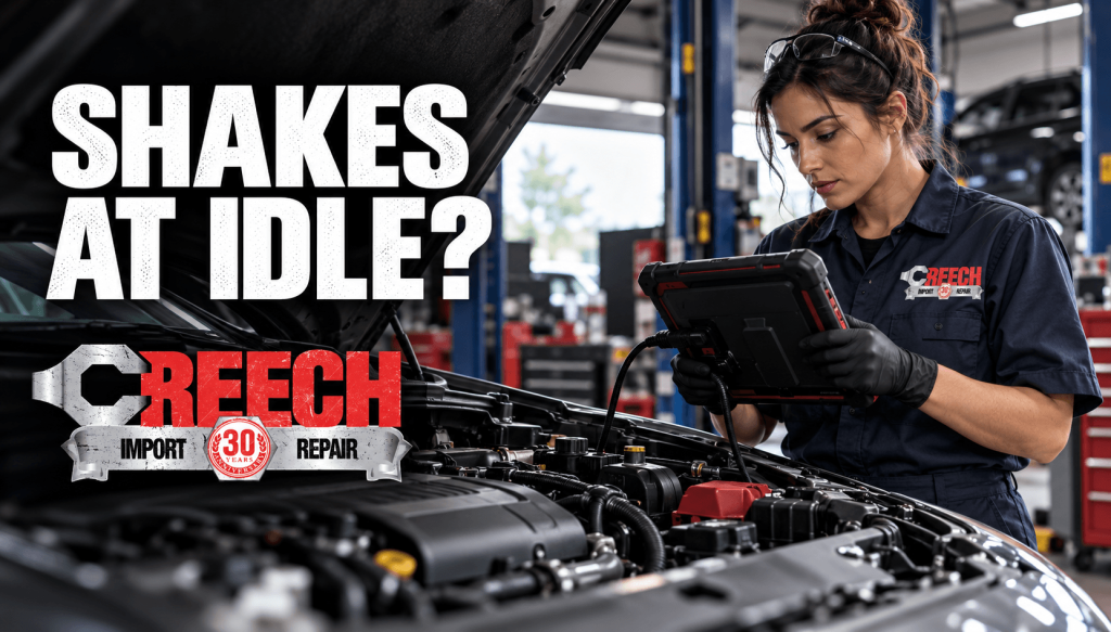 Technician using a diagnostic tablet beside a stationary car for a car shakes at idle article by Creech Import Repair
