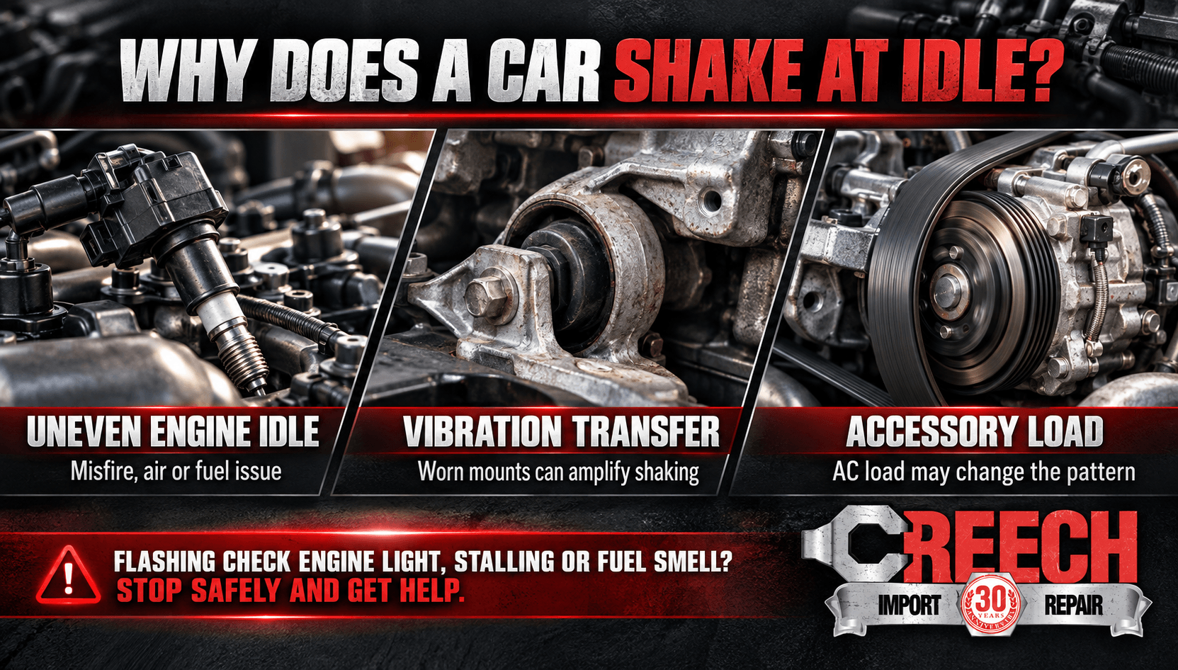 Creech infographic showing uneven engine idle, vibration through mounts, and accessory load as possible causes when a car shakes at idle