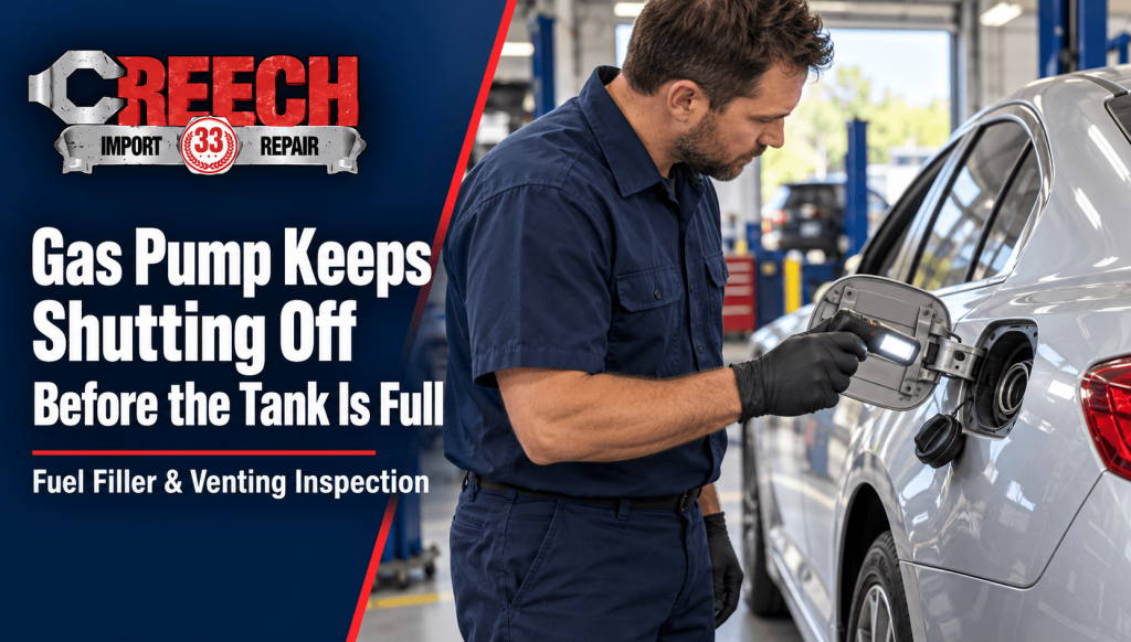 Technician inspecting a car’s fuel-filler opening in a repair shop for a recurring refueling problem.
