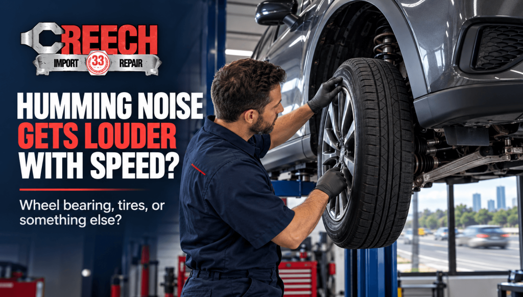 Mechanic inspecting a vehicle’s front wheel and tire for a humming noise that gets louder with speed