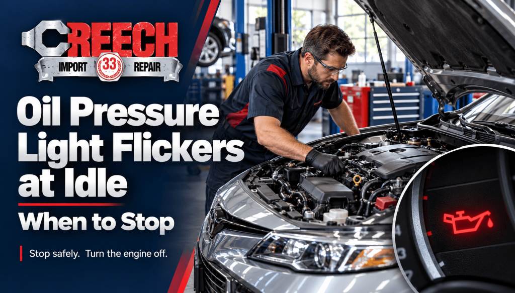 Technician inspecting a car engine in a repair shop beside an inset showing a red oil-pressure warning light.