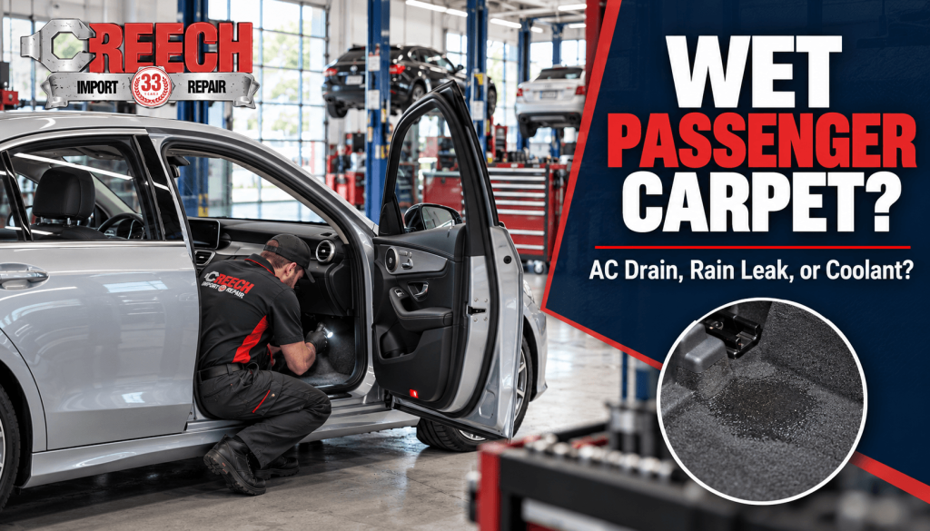 Creech Import Repair technician inspecting wet passenger carpet in a daylight auto repair shop, with a close-up of the damp floor