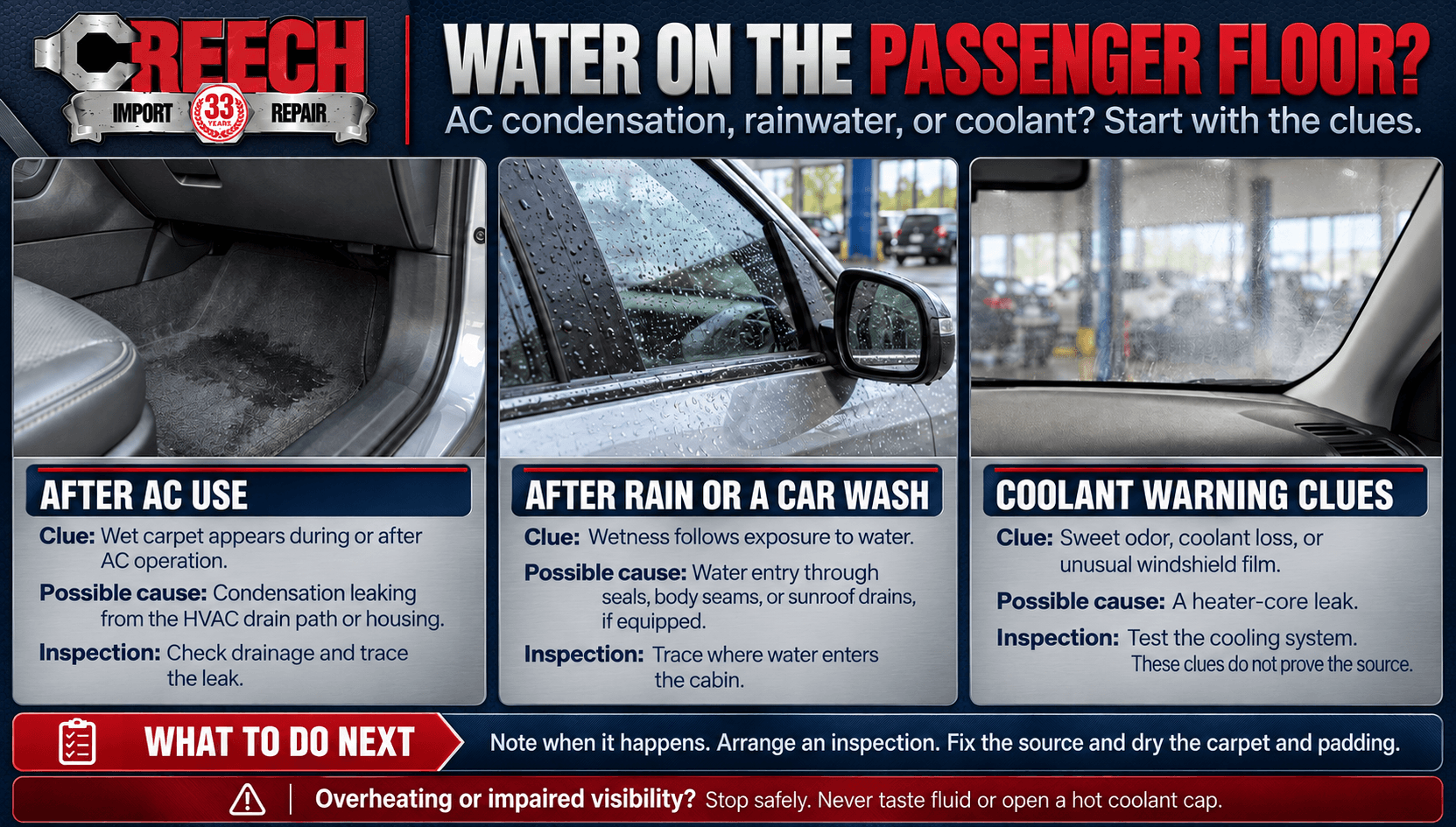 Creech Import Repair infographic comparing AC condensation, rainwater entry, and coolant leak clues for water on the passenger floor.