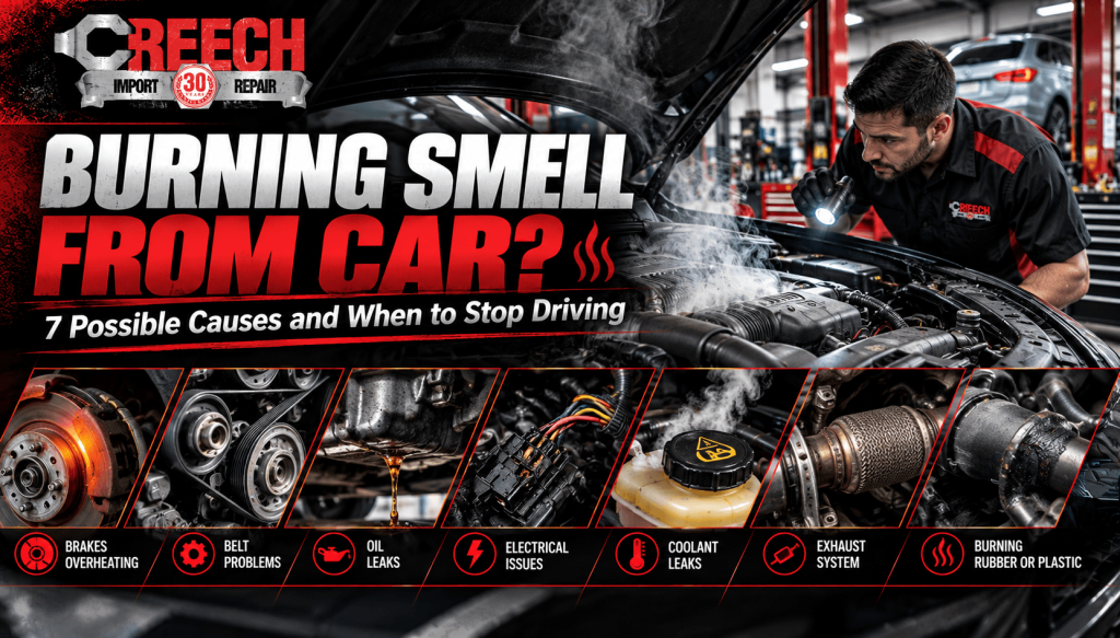 Burning smell from car banner showing a mechanic inspecting a smoking engine compartment, with visuals of oil leaks, overheating brakes, belts, and electrical faults.