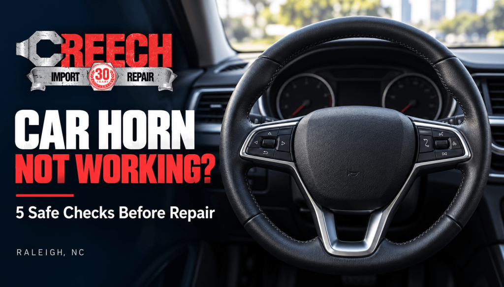 Car horn not working banner showing a steering wheel and horn pad with the Creech Import Repair logo