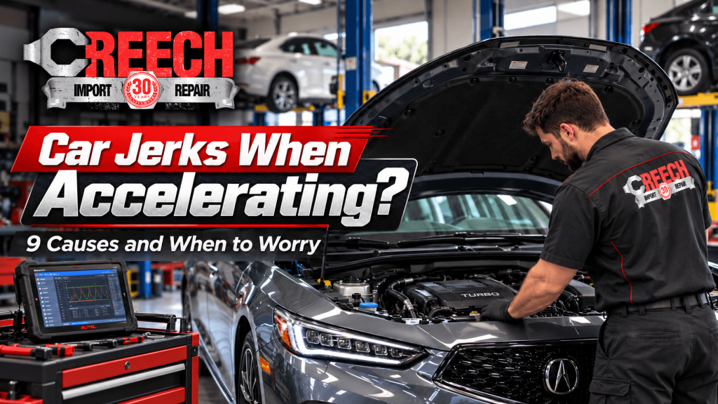 Car jerks when accelerating - Creech Import Repair technician inspecting an Acura engine in a professional Raleigh auto repair shop