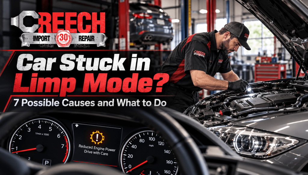 Car stuck in limp mode banner showing a mechanic inspecting an engine and a dashboard displaying a reduced engine power warning.
