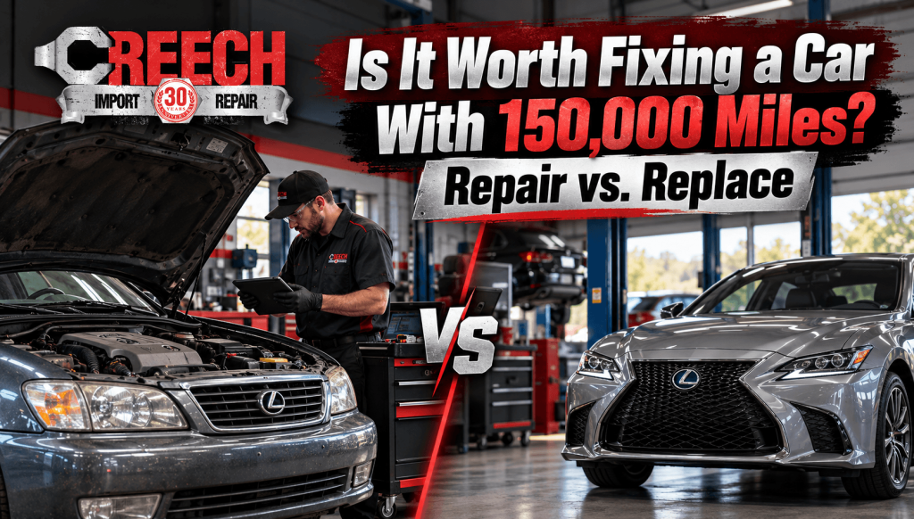 Repair vs. replace car banner showing an older Lexus undergoing a mechanic's inspection beside a newer Lexus, with the Creech Import Repair 30 Years logo.