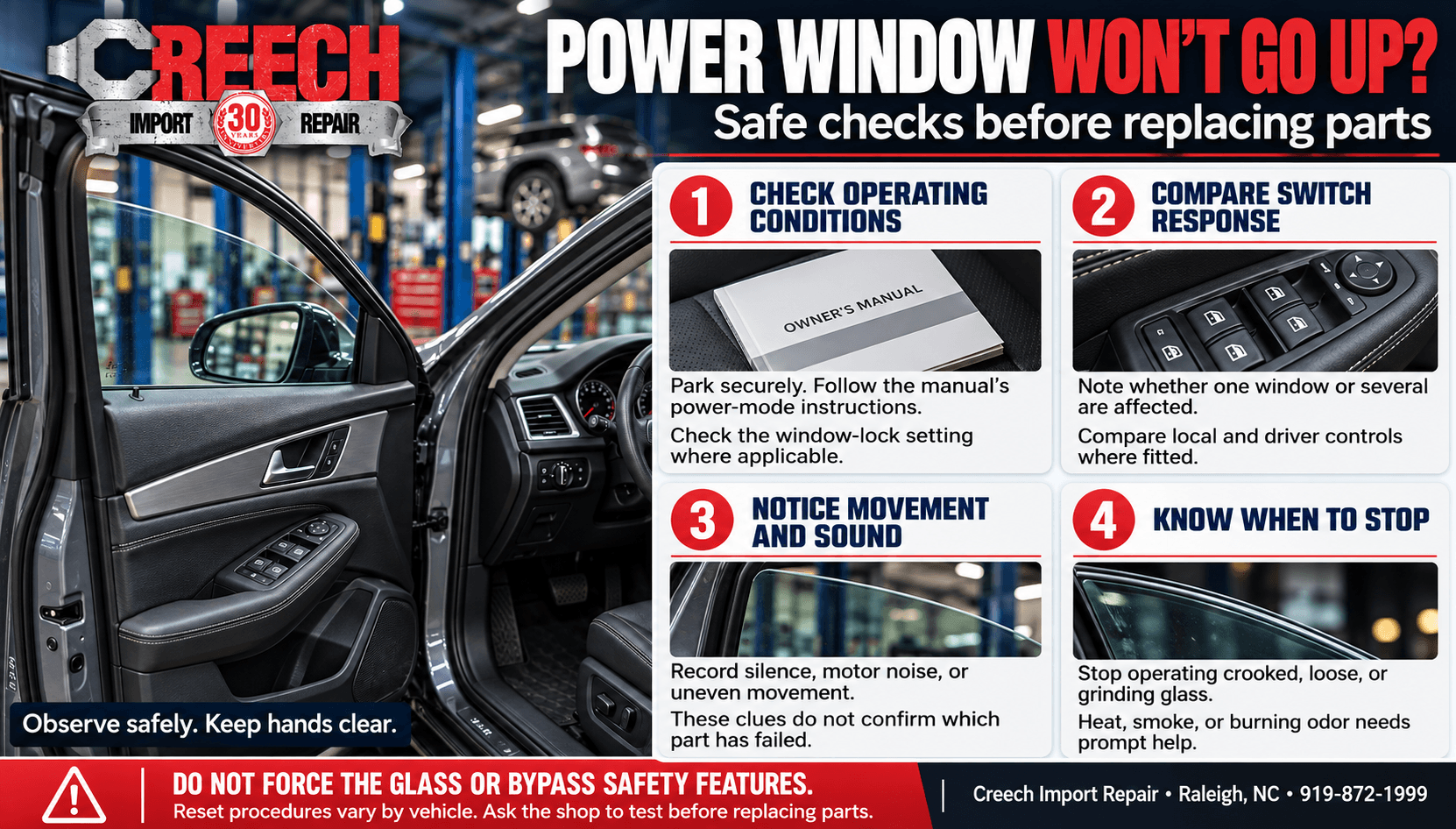 Power window won’t go up infographic covering operating conditions, switch response, movement and sound, and when to stop